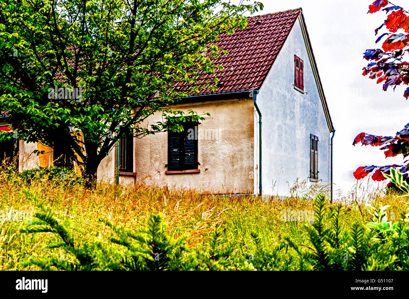 House with closed window shutter; haus mit geschlossenen fensterläden Stock Photo