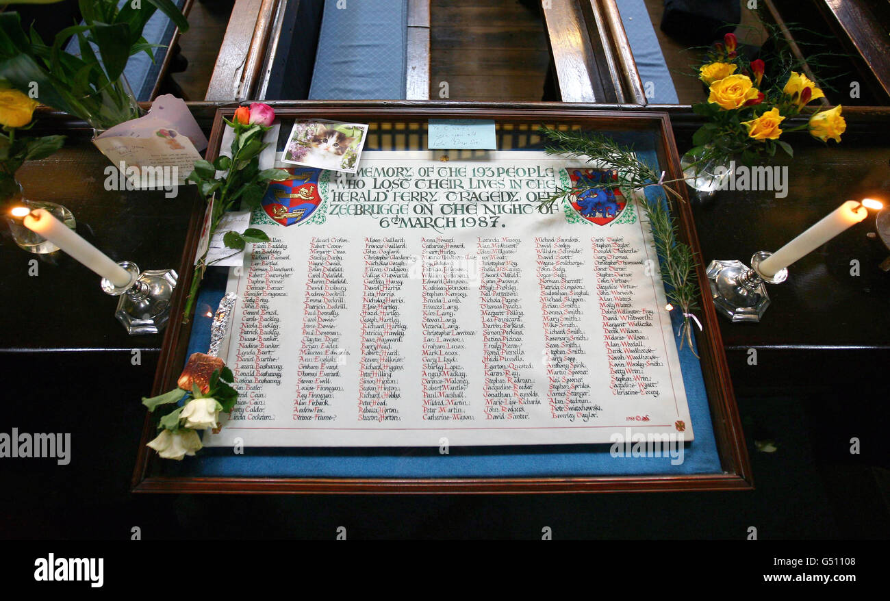A general view of the board containing the names of the 193 victims in St. Mary's the Vigin Church in Dover Kent, before the 25th Anniversary Service of Remembrance commemorating those who were lost in The Herald of Free Enterprise disaster on March 6th 1987. Stock Photo
