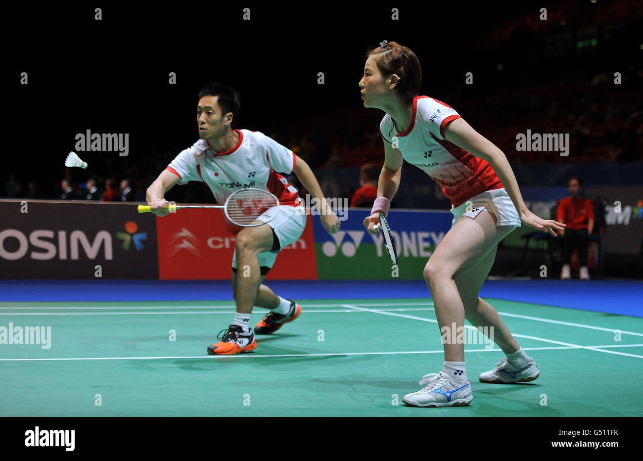 Japans Noriyasu Hirata and Miyuki Maeda (right) during their second round mixed doubles qualification match against Englands Marcus Ellis and Heather Olver (not pictured) during the Yonex All England Badminton Championships at