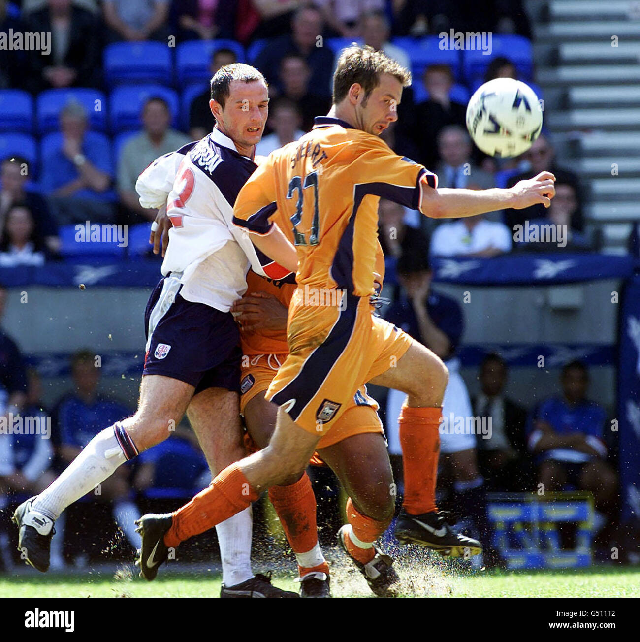 Ipswich Town's Marcus Stewart (right) powers past Bolton's Allan Johnston during the Nationwide