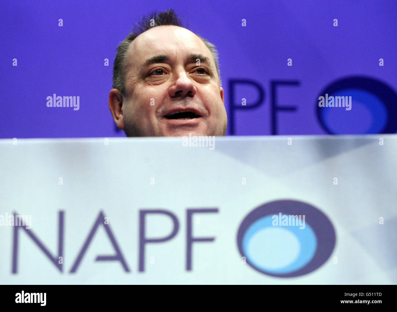 Scottish First Minister Alex Salmond addresses the National Association of Pension Funds opening the conference in Edinburgh. Stock Photo
