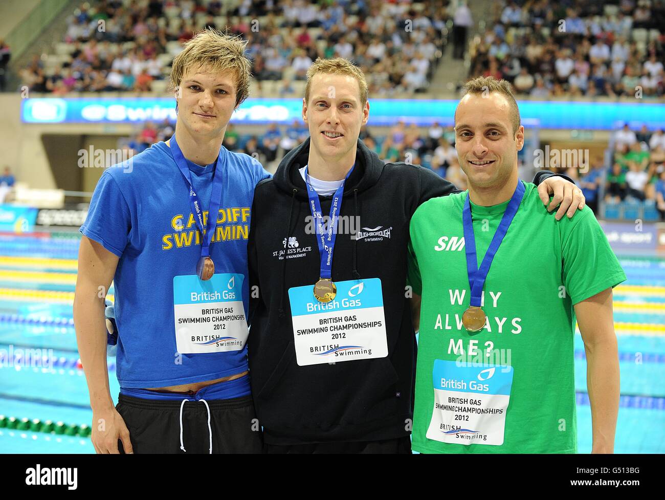 (left to right) Bronze medalist Ieuan Lloyd, gold medalist Joe Roebuck and silver medalist James Goddard after the final of the men's 200 metres Individual Medley final Stock Photo
