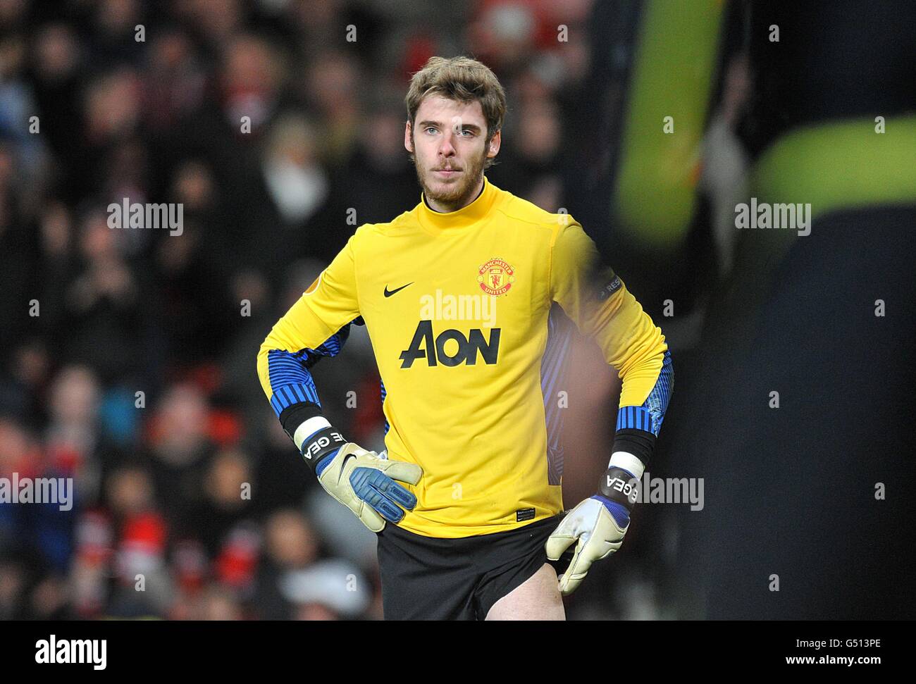Manchester United goalkeeper David De Gea stands dejected after Athletic Bilbao's Oscar De Marcos scores his second goal of the match Stock Photo