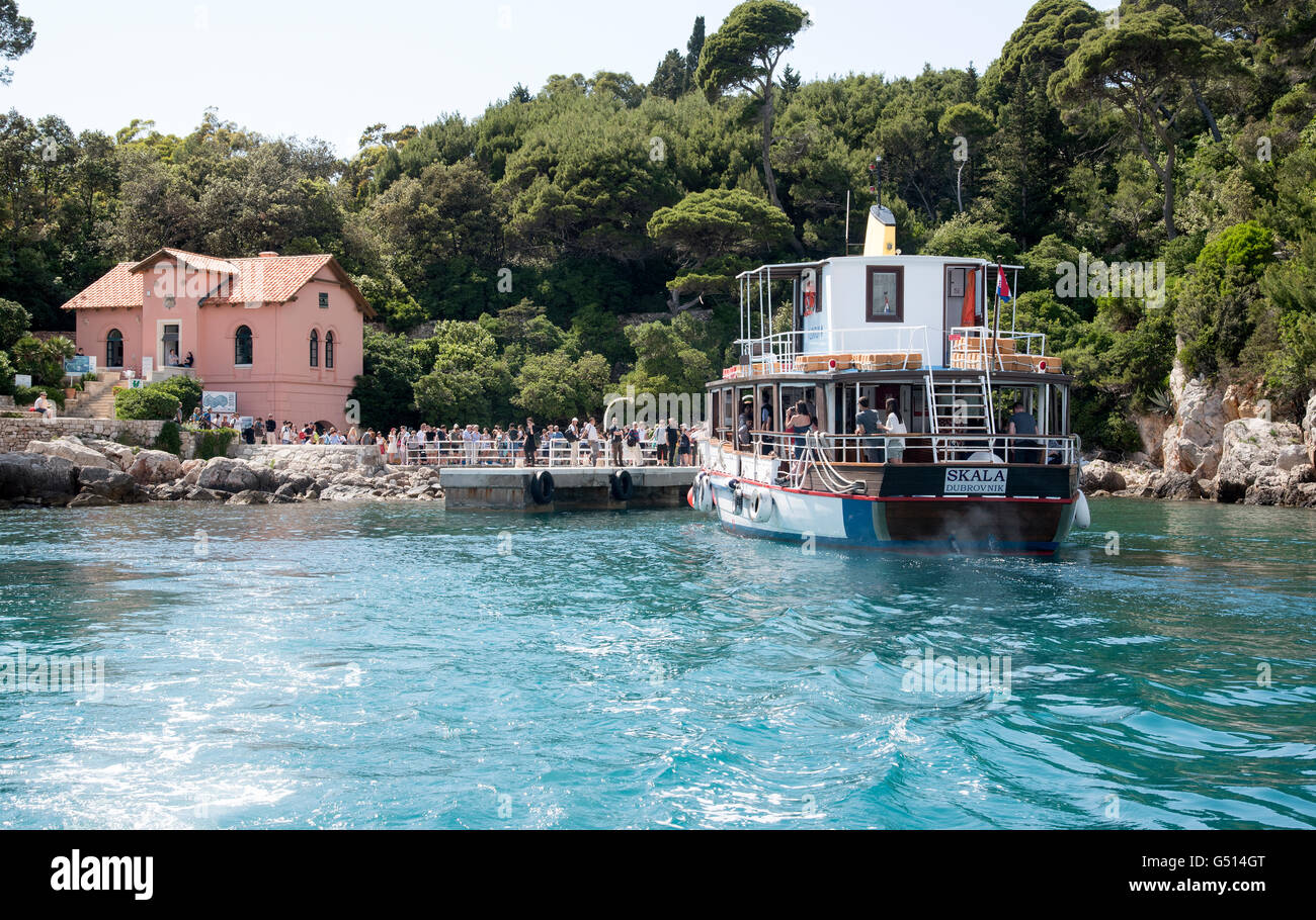 LOKRUM ISLAND OFF DUBROVNIK CROATIA  A passenger ferry collecting tourists from the tiny harbor at Portoc on Lokrum Island Stock Photo