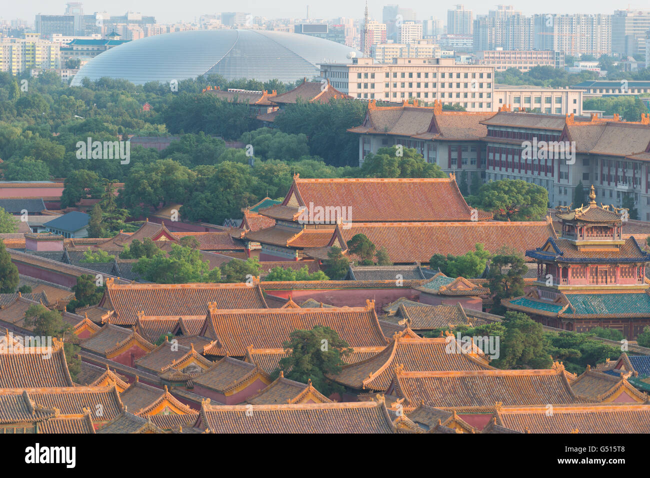 China, Beijing, looking over the rooftops of the Forbidden City at the ...