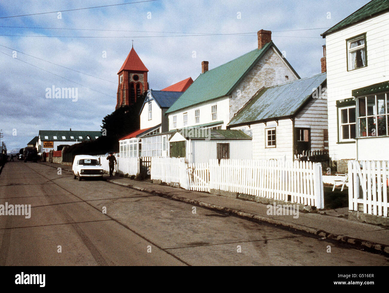 Port Stanley waterfront, with the Cathedral in the background, in the Falkland Islands. Stock Photo