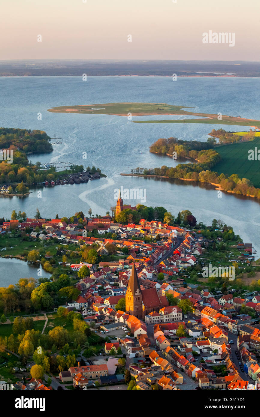 Aerial view, Robel with front St.Nikolai church and behind St. Mary's Church in alignment with the port entrance to Müritz, Stock Photo