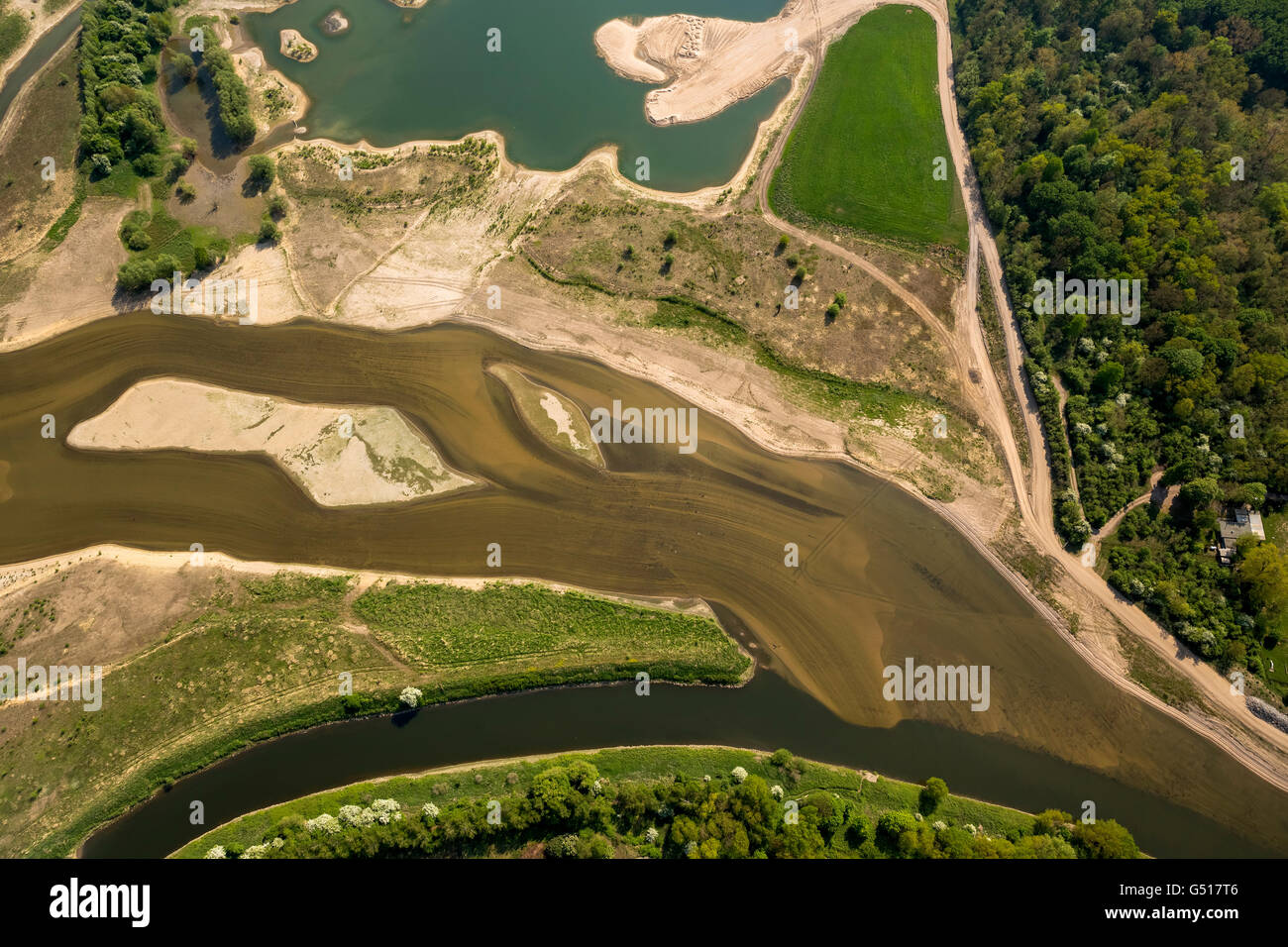 Aerial view, reconstruction of Lippe mouth by Lippeverband, Lippe River, Wesel, Rhine, Ruhr region, North Rhine Westphalia, Stock Photo