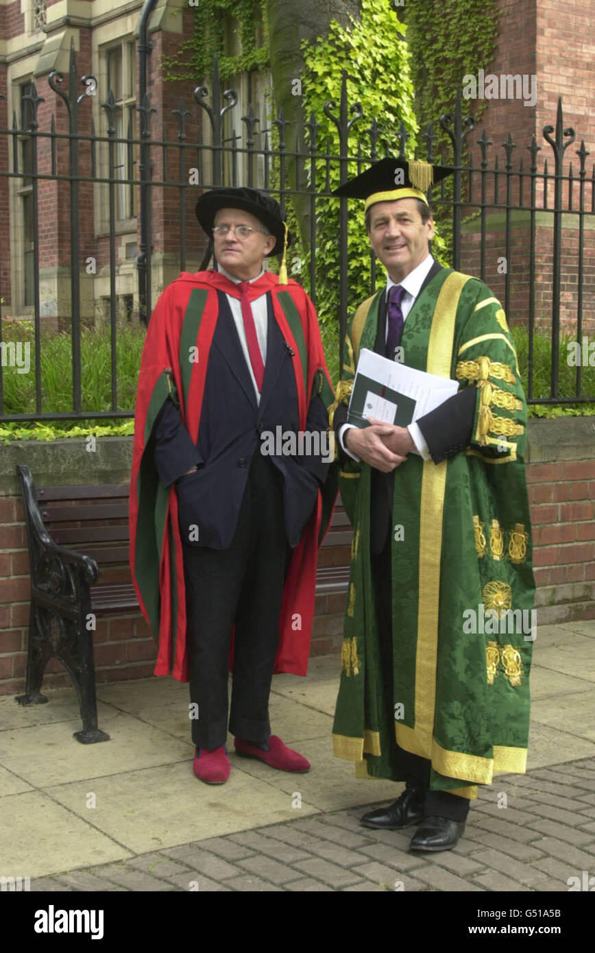 Writer and broadcaster Melvyn Bragg (R) with British artist David Hockney at the University of Leeds. Lord Bragg became the first university chancellor to be installed live during a broadcast on the Internet. * ..via the university web site. Mr. Hockney and theatrical luminary Jude Kelly received an honorary degree. Stock Photo