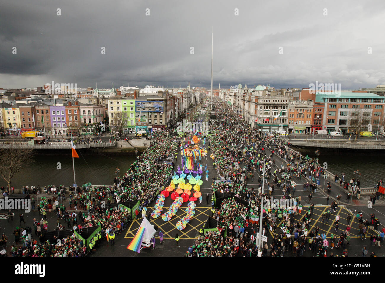 Huge crowds gather for the St Patrick's Day Parade on O'Connell Street, Dublin. Stock Photo