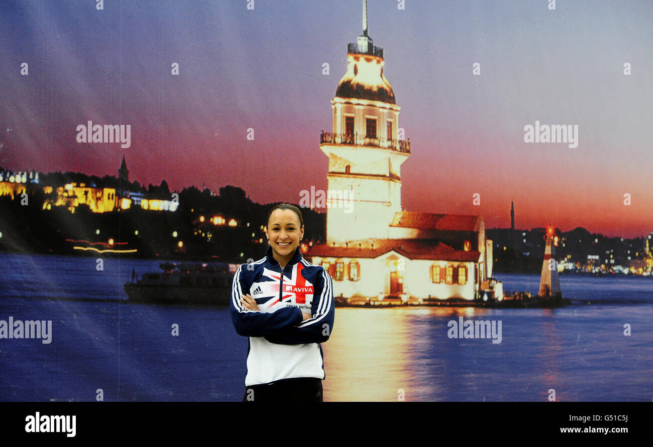 Great Britain's Jessica Ennis stands in front of an Istanbul backdrop following a Media conference at the Atakoy Athletics Arena, Istanbul, Turkey. Stock Photo