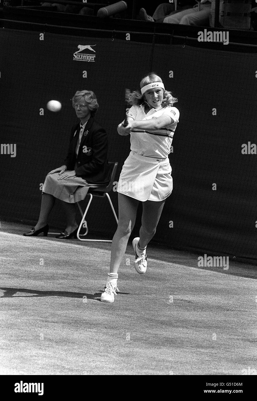 America's Andrea Jaeger, 18, in action on Centre Court against Czechoslovakia's Martina Navratilova during Wimbledon. Navratilova defeated Jaeger 6-0, 6-3 in just 54 minutes to retain her championship, her fourth in all. Stock Photo