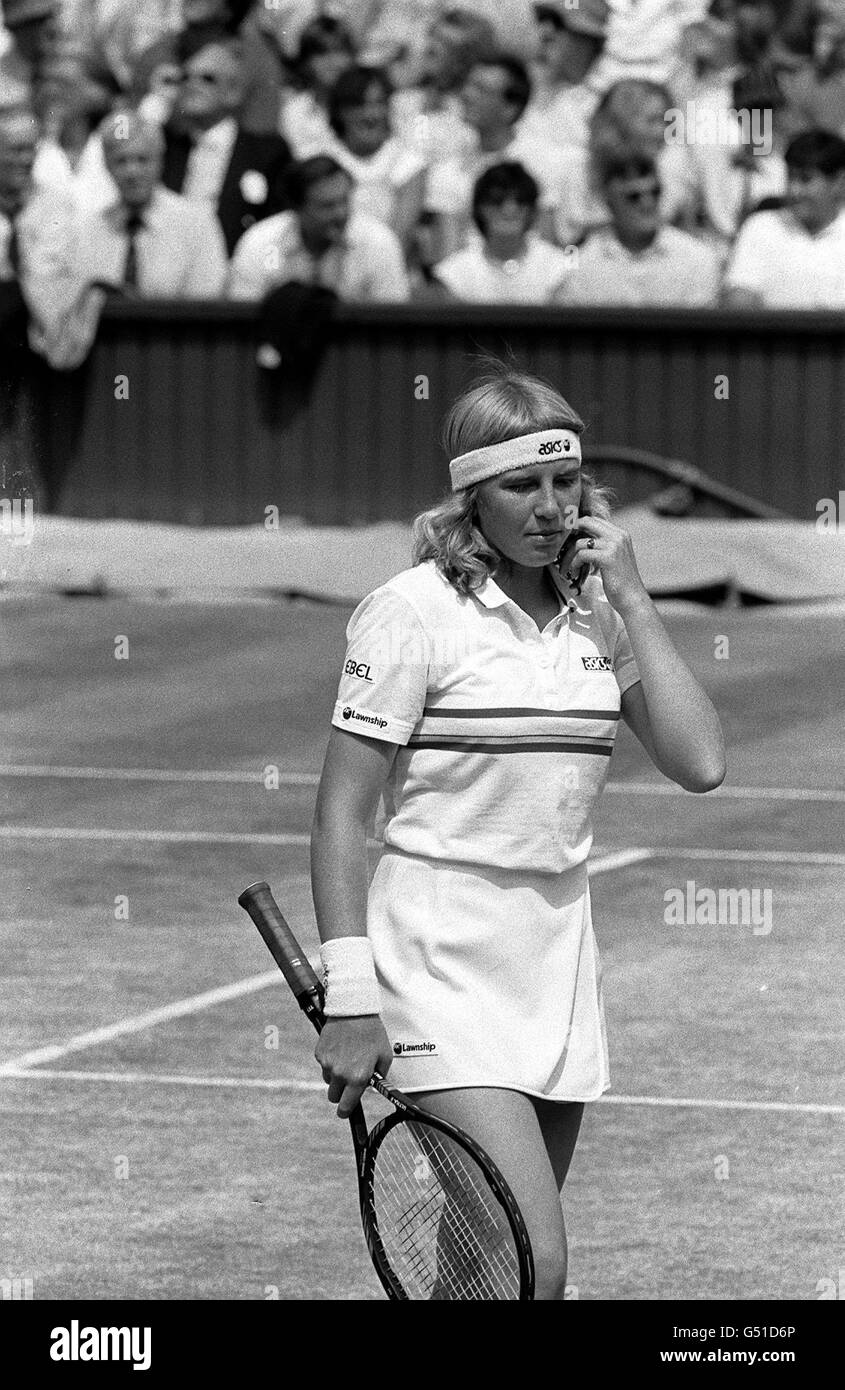 America's Andrea Jaeger, 18, looks dejected on Centre Court after Czechoslovakia's Martina Navratilova defeated Jaeger 6-0, 6-3 in just 54 minutes to retain her Wimbledon ladies singles championship, her fourth in all. Stock Photo