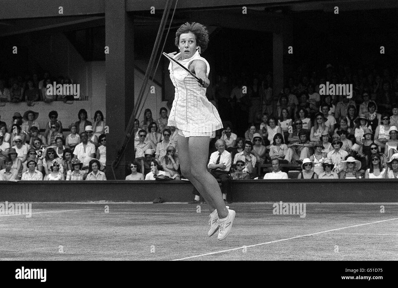 Czechoslovakia's Martina Navratilova in action against Britain's Sue Barker on Court One during Wimbledon. Navratilova defeated Barker 6-3, 3-6, 7-5, to reach the semi-finals. Stock Photo