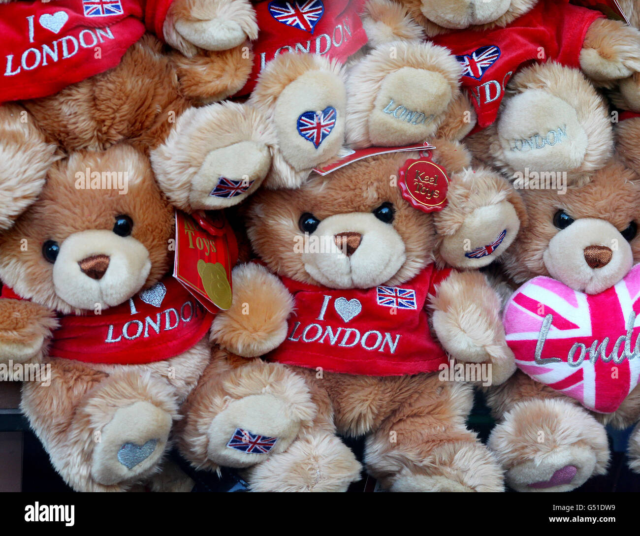 A general view of souvenir teddy bears for sale in a shop window in