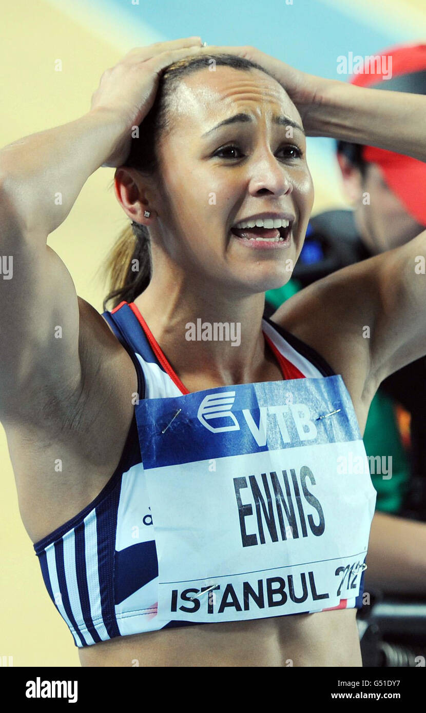 Great Britain's Jessica Ennis shows her disbelief after she was awarded victory which was then reversed on screen and she is demoted to silver in the Womens Pentathlon during the IAAF World Indoor Championships at the Atakoy Athletics Arena, Istanbul, Turkey. Stock Photo