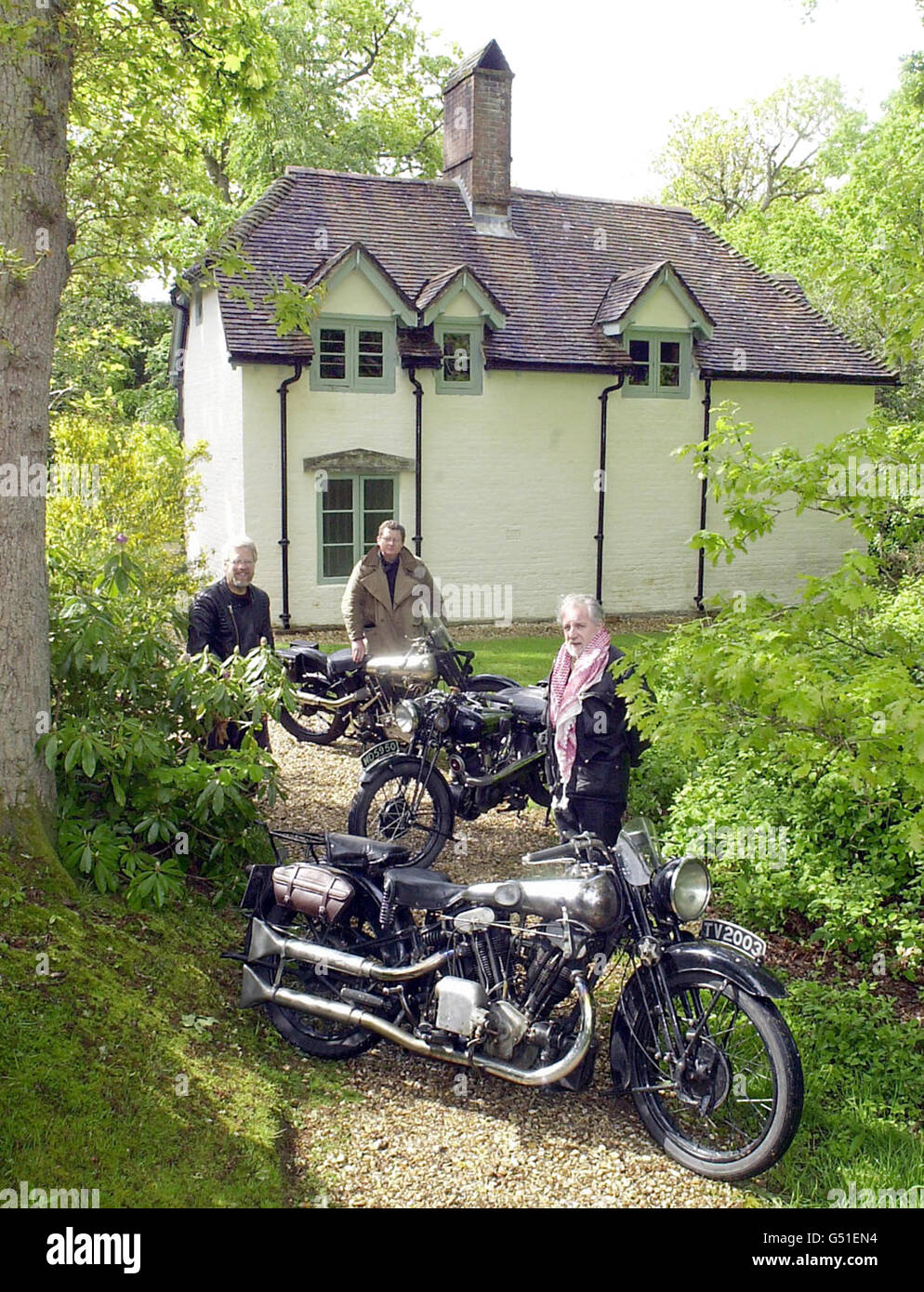 Brough motorcyclists Frank Solano (front), Dave Clark (left) and Justin  Wand (back), outside Clouds Hill, before setting off for the 150 mile ride  from the former home of Lawrence of Arabia to