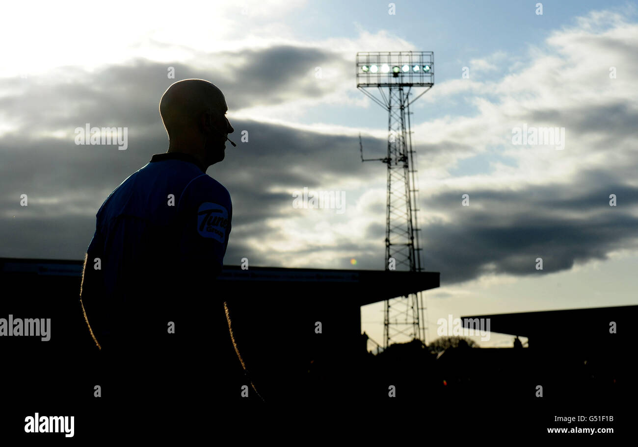 A Lines man runs the line during the npower Football League Two match at Plainmoor, Torquay. Stock Photo