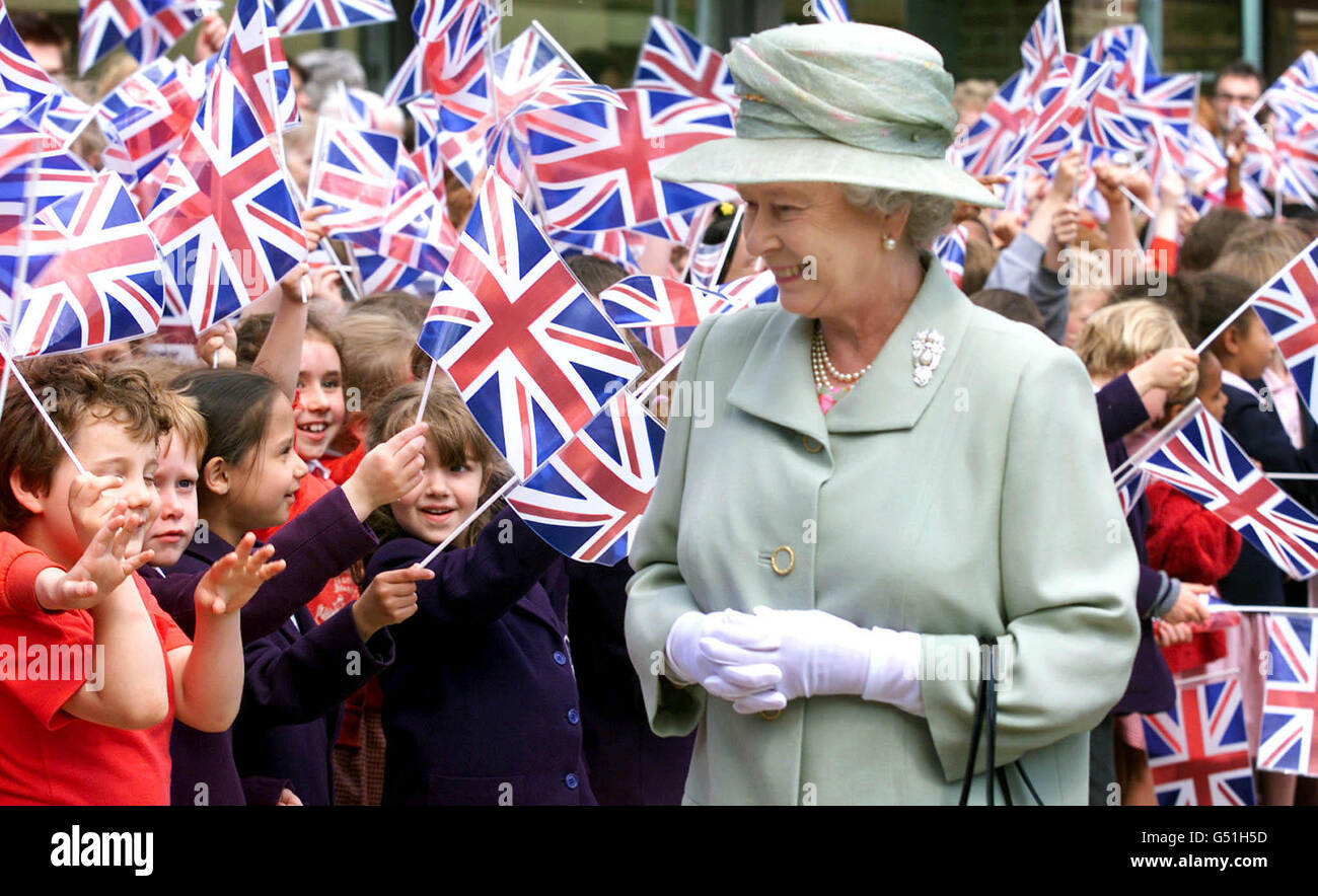 The Queen is welcomed by hundreds of schoolchildren at the Dulwich Picture Gallery in London as she re-opened England's oldest public art gallery after refurbishmeant. The gallery is home to a collection of 17th and 18th century European old master paintings. Stock Photo