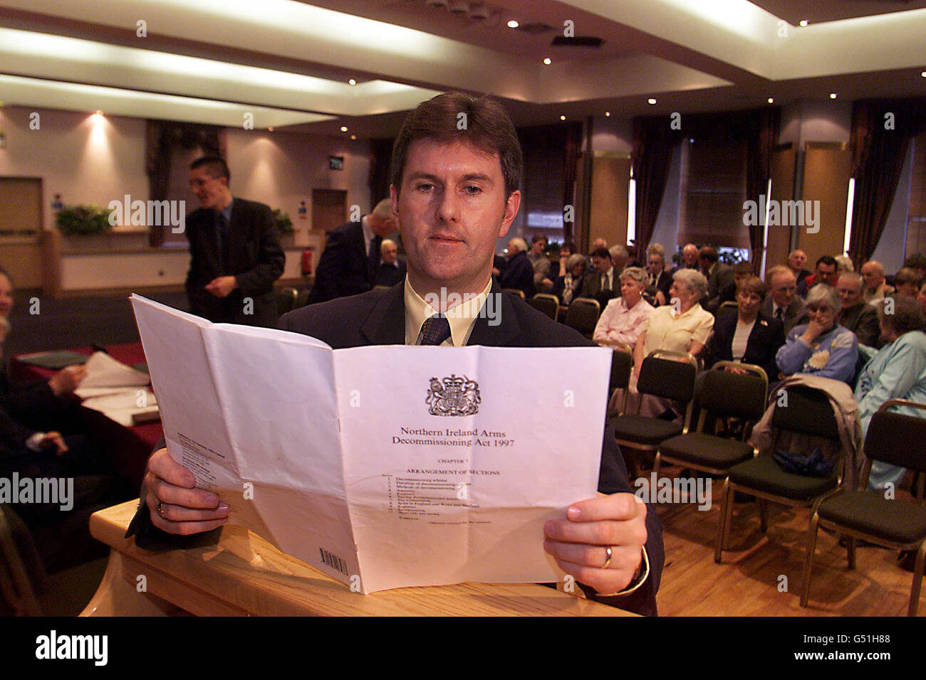 Ulster Unionist M.P. Jeffrey Donaldson, preparing to speak at a dissident Ulster Unionist members meeting in Ballymena Co Antrim . Donaldson is spearheading a No camapign against party leader David Trimble decision to go back into Goverment with Sinn Fein. * Mr Donaldson says he will unveil an alternative plan for the 800 strong Unionist council to vote on. Stock Photo