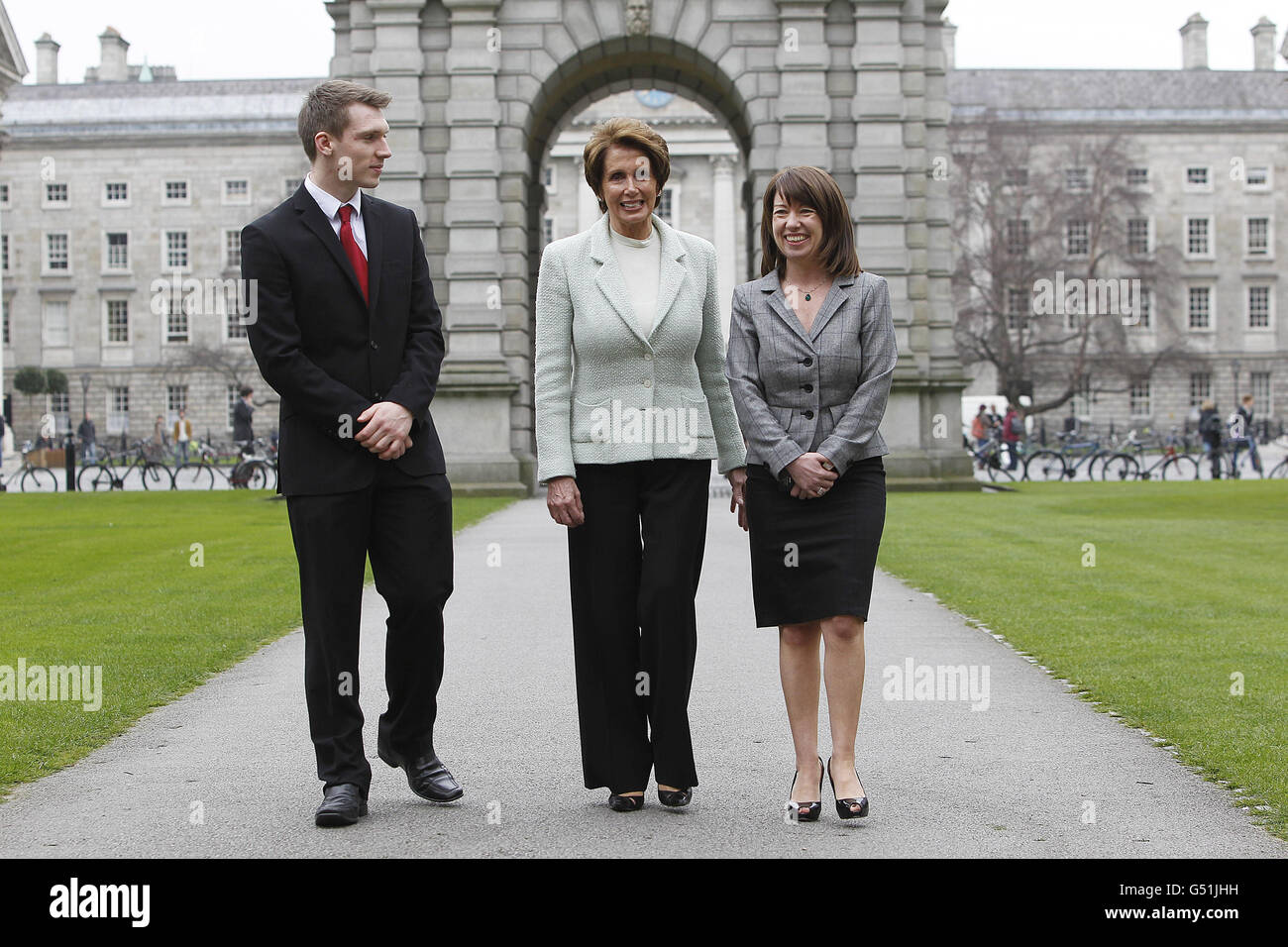 Nancy Pelosi, the Democratic Leader of the US House of Representatives (centre) with Eoin O'Liathain (left), President Philosophical Society and Professor Linda Hogan (right), Vice-Provost of Trinity College during a tour of Trinity College in Dublin. Stock Photo