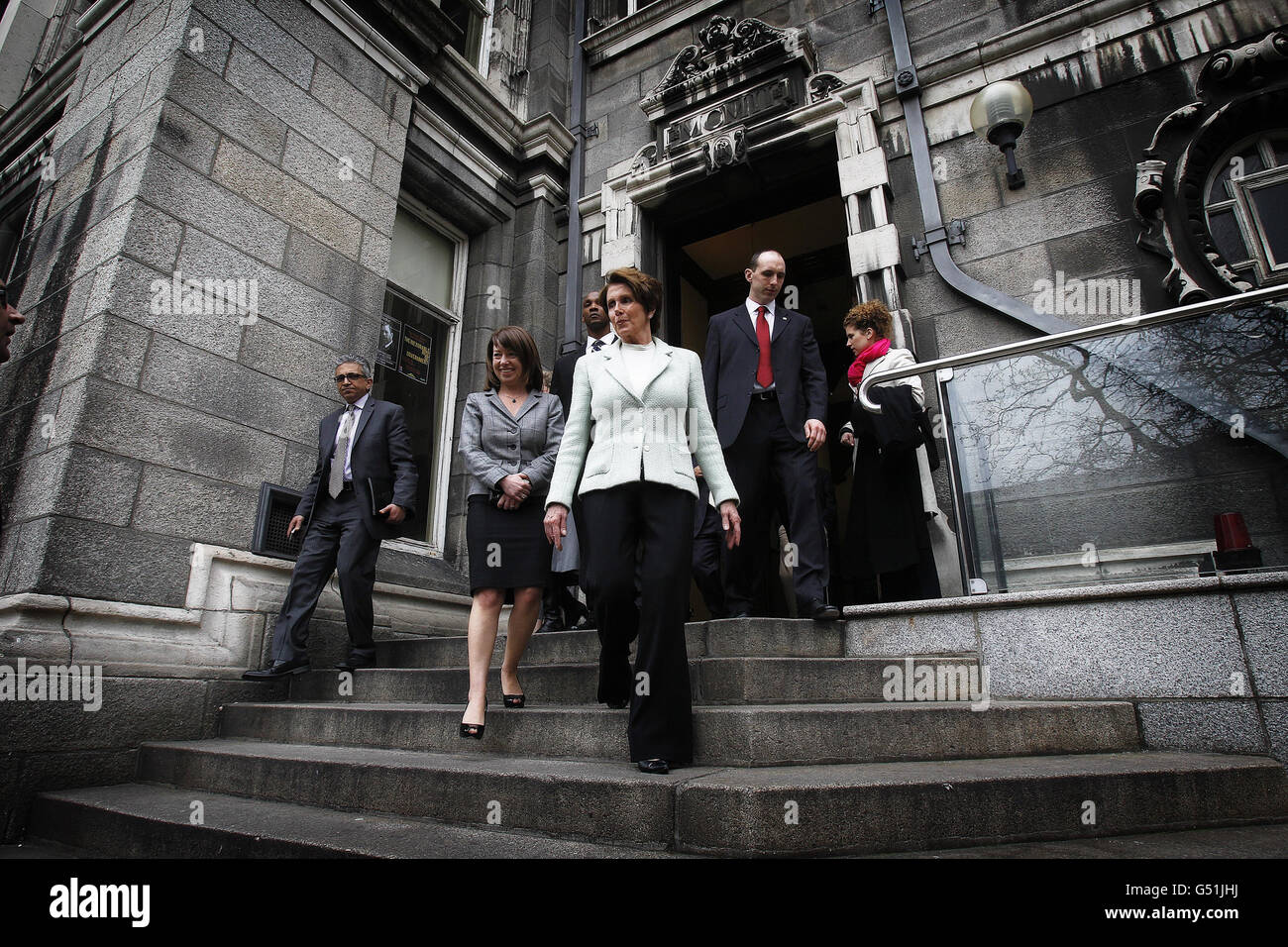 Nancy Pelosi, the Democratic Leader of the US House of Representatives (centre) along with her family and the American Delegation enjoy a tour of Trinity College in Dublin. Stock Photo