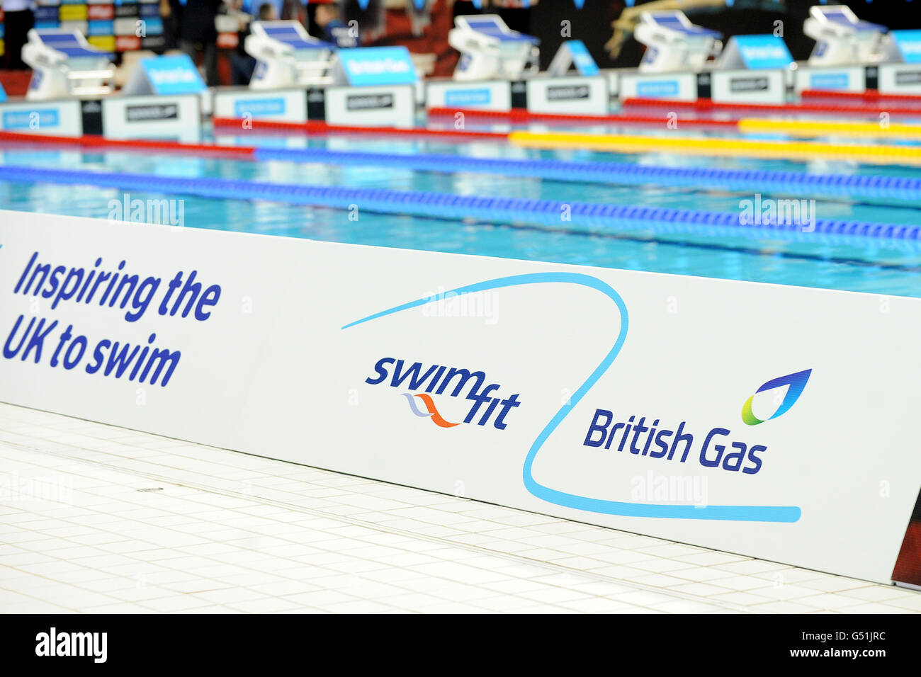 Swimming - British Gas Swimming Championships 2012 - Day Two - Aquatics Centre. A general view of swimfit and British Gas signage pool-side at the Aquatics Centre Stock Photo