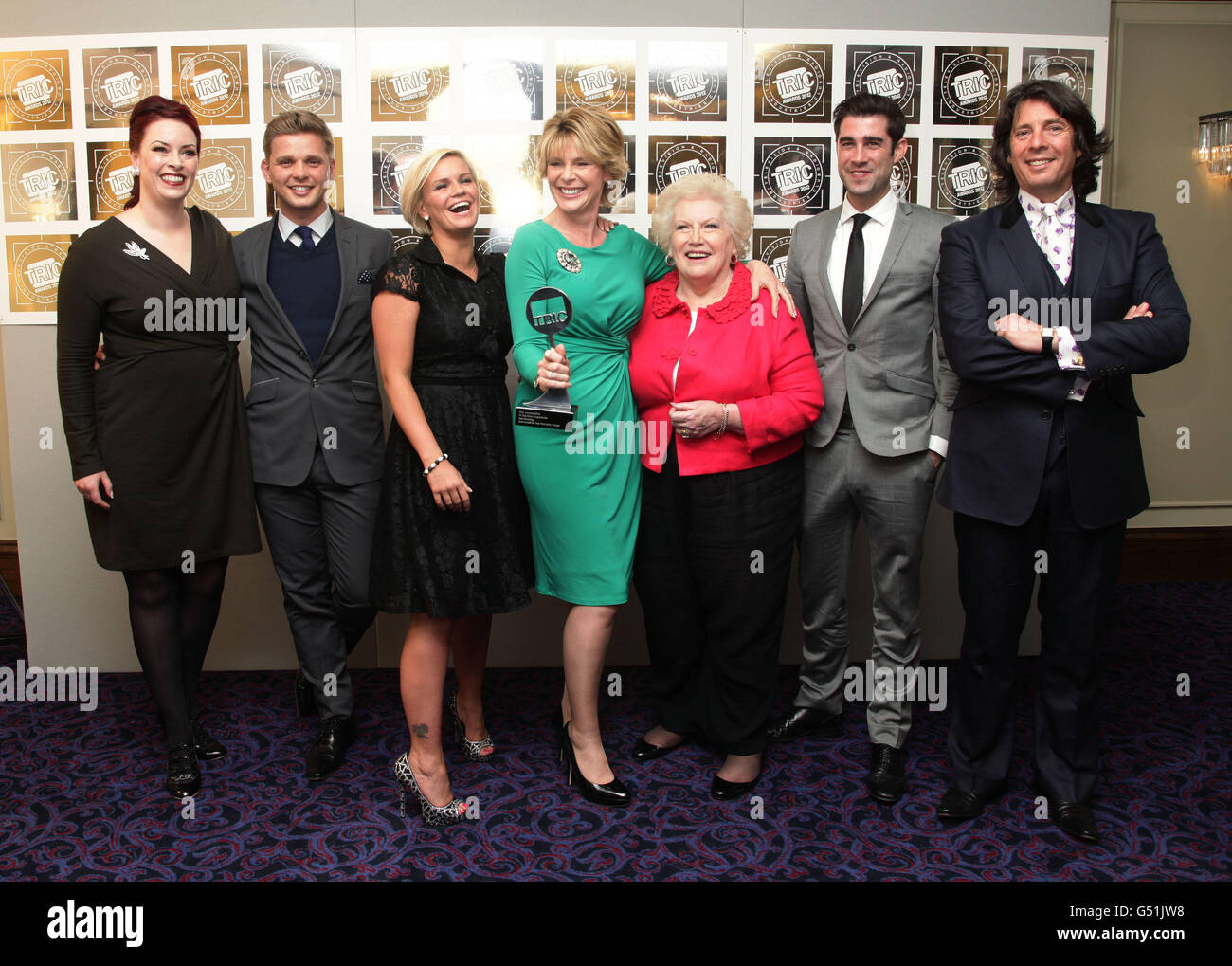 Kerry Katona (3rd left) and the members of This Morning Sharon Marshall, Jeffrey Brazier, Denise Robertson, Matt Johnson and Laurence Llewelyn-Bowen, with their Daytime TV Programme award during the Television and Radio Industries Club (TRIC) Awards, at Grosvenor House Hotel on Park Lane, central London. Stock Photo