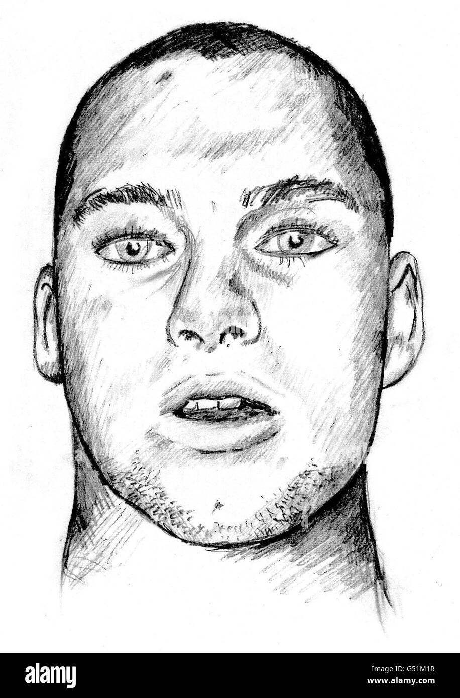Am artist's drawing released by police of the man whose decapitated body and head were found in parkland. The victim's body and severed head were found by an elderly man walking his dog in Cofton Park, Rednal, south Birmingham. * Police say that the man is thought to be white, aged 18-30, and between 5ft 9in and 5ft 11in tall, of slim build with short, closely-cropped dark hair and sideburns. See PA story POLICE Head. Stock Photo