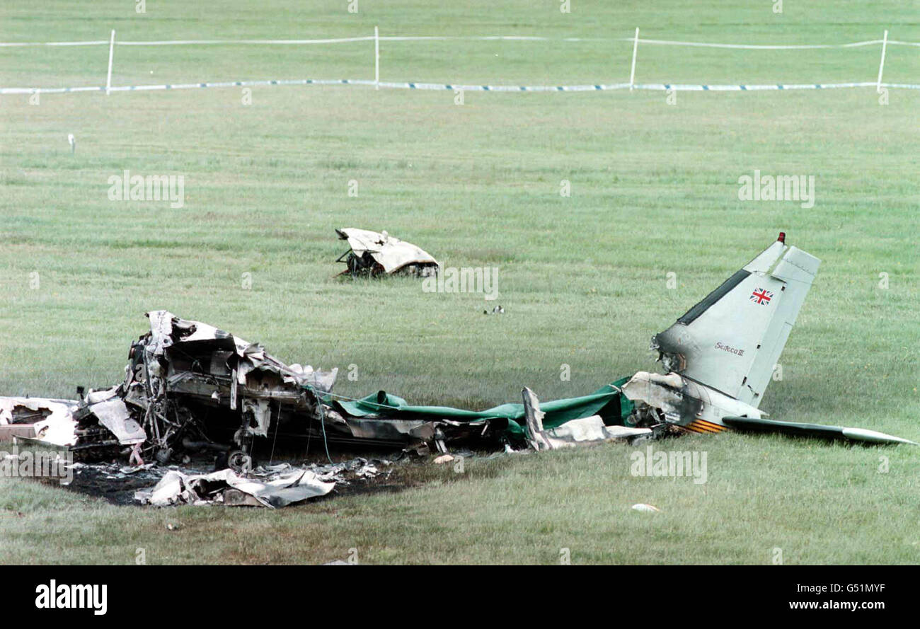 The crash scene at Newmarket race course Friday June 1, 2000 after top jockeys Frankie Dettori and Ray Cochrane narrowly escaped death when the Piper Seneca they were flying in crashed on take-off, killing the pilot. * 20/2/2001: Jockey Ray Cochrane, who had earlier rescued Franki Dettori from the wreck of a burning aircraft, was beaten back by the intense heat of the fire as he tried to save the trapped pilot, the official accident report described Tuesday February 20 2001. The two jockeys were able to get out through the rear baggage hatch of the Piper Seneca aircraft after the crash at Stock Photo
