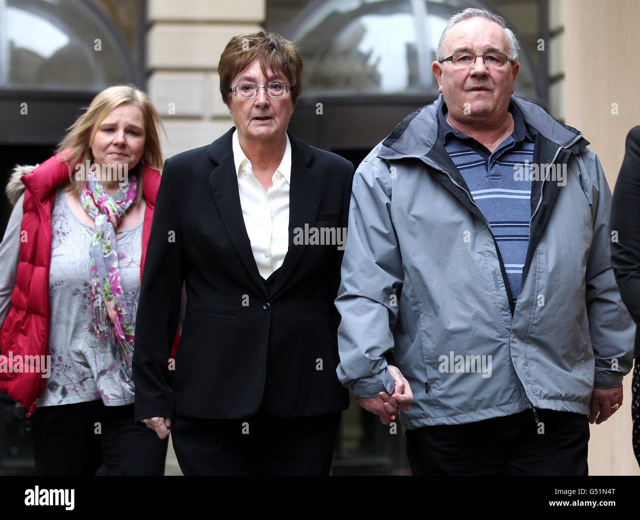Robert and Sylvia with daughter Gail, parents and sister of Suzanne Pilley, leaves Edinburgh High Court after David Gilroy was found guilty of of carrying out the killing of Suzanne by 'unknown means' on May 4 2010. PRESS ASSOCIATION Photo. Picture date: Thursday March 15, 2012. Book-keeper Suzanne, 38, vanished without trace nearly two years ago after making a routine journey to work in Edinburgh city centre. See PA story COURTS Pilley. Photo credit should read: Andrew Milligan/PA Wire Stock Photo