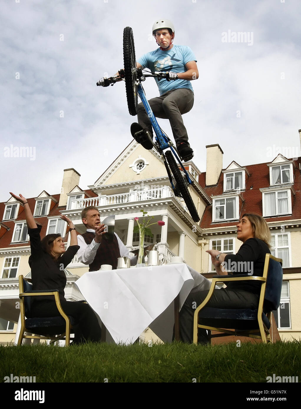 A rider from the Borders College BASE (Borders Academy of Sporting Excellence) during a promotion for the TweedLove Bike Festival 2012 at the Peebles Hotel Hydro in Peebles, Scotland. Stock Photo