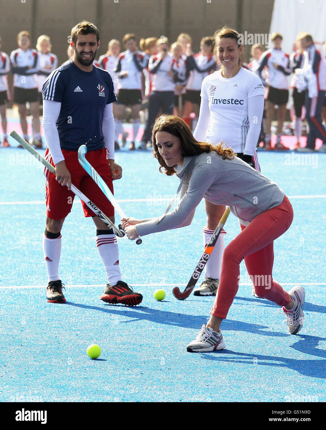 The Duchess of Cambridge plays hockey with the GB hockey teams at the Riverside Arena in the Olympic Park. Stock Photo