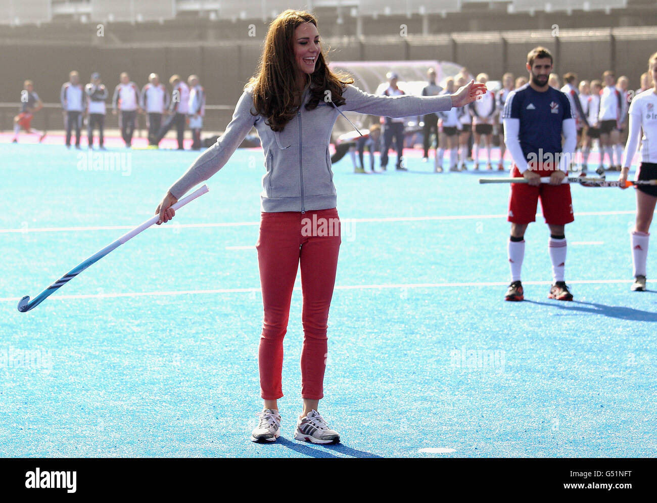 The Duchess of Cambridge plays hockey with the GB hockey teams at the Riverside Arena in the Olympic Park. Stock Photo