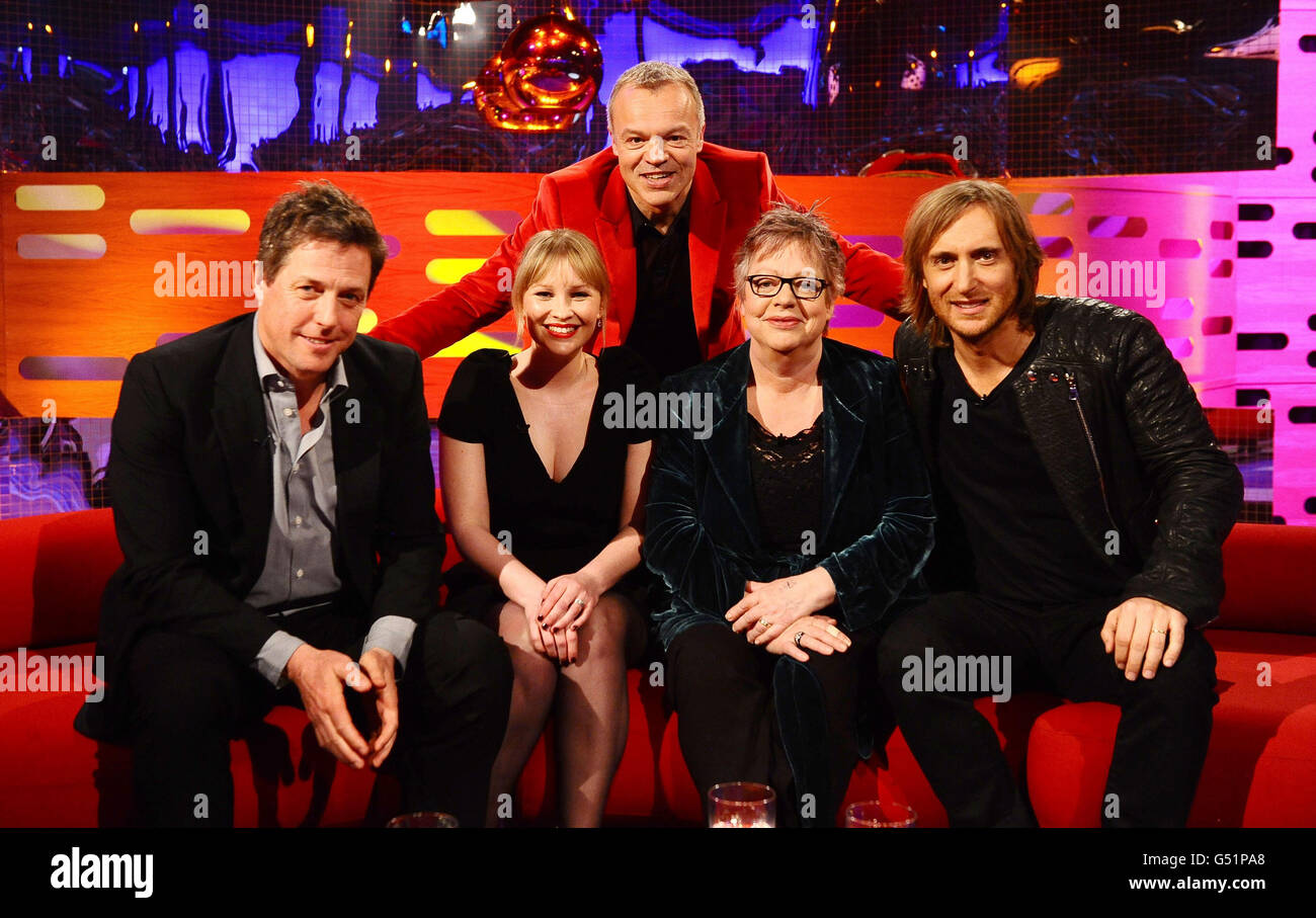 (Left - right) Hugh Grant, Joanna Page, Graham Norton, Jo Brand and David Guetta during the filming of the Graham Norton Show at The London Studios, south London, to be aired on BBC One on Friday evening. Stock Photo