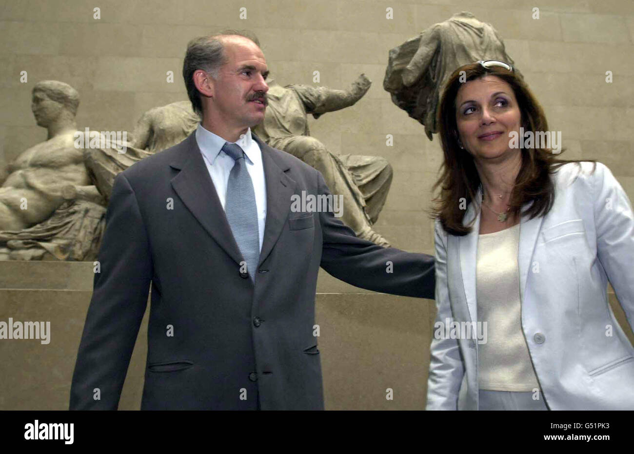 Greek Foreign Minister George Papendreou with his wife Andain the British Museum where he expressed hope that a more positive dialogue could begin with the British Government over the future of the Elgin Marbles. * The Marbles were removed from the Parthenon in Athens by Lord Elgin and taken to the British Museum in 1817. Their ownership has always caused controversy and Greek ministers are pressing strongly for their return. Stock Photo