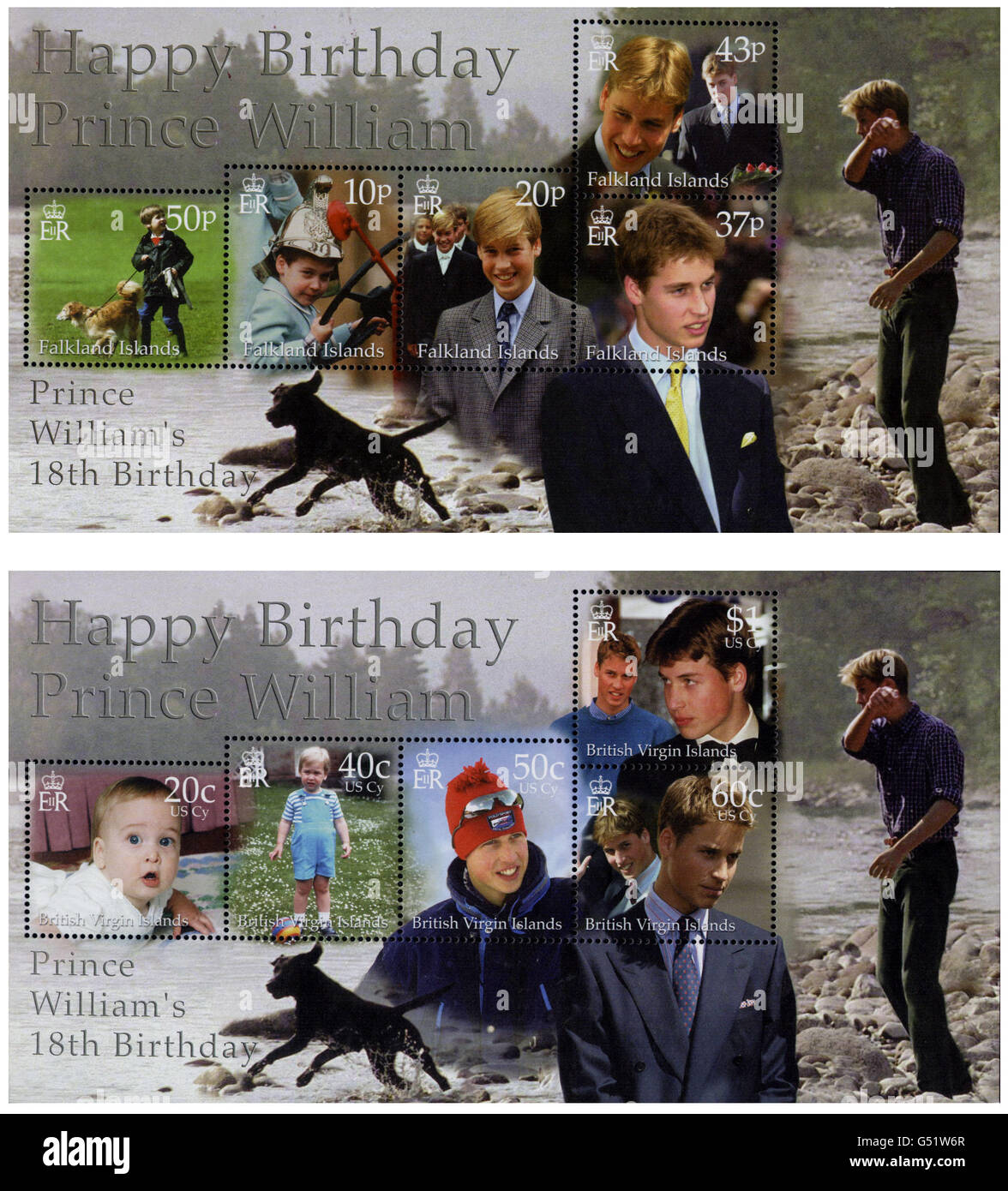 Two of the sets of stamps that will mark the 18th birthday of Britain's Prince William around the world. The Crown Agents Stamp Bureau in Sutton, Surrey, have co-ordinated the concept and production of special 'Happy Birthday PrInce WIlliam' omnibus issues. * ...for seven countries, which include Falkland Islands, (top) and British Virgin Islands (below); the others are Ascension Island, South Georgia, Tristan da Cunha, Cayman Islands, and Fiji. Stock Photo