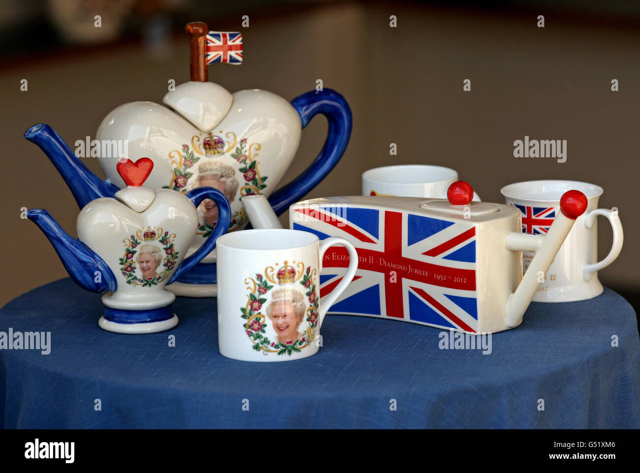 Teapots and mugs celebrating the queens diamond jubilee hires stock