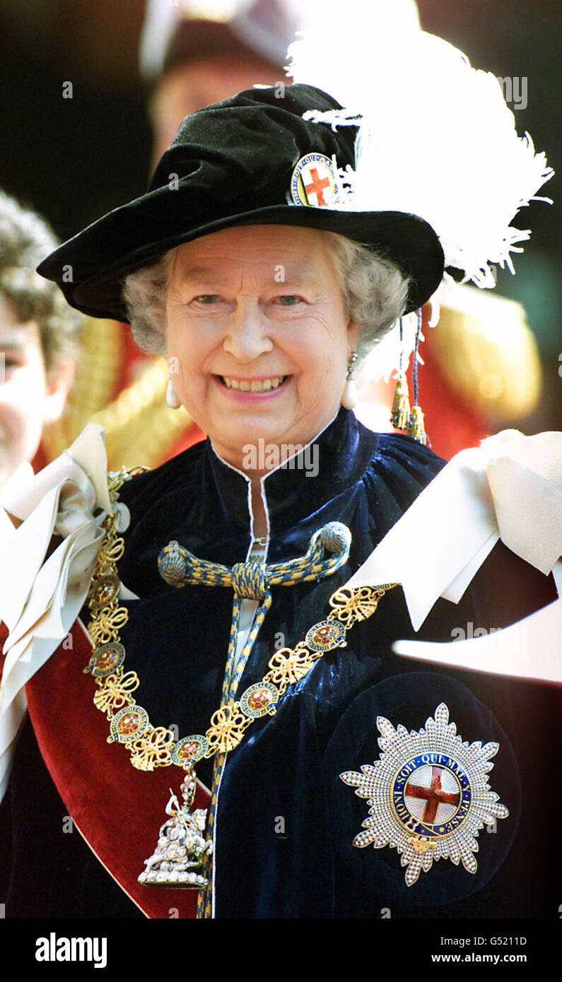 The Queen arrives at the Order of the Garter ceremony at St George's Chapel, Windsor Castle. Stock Photo