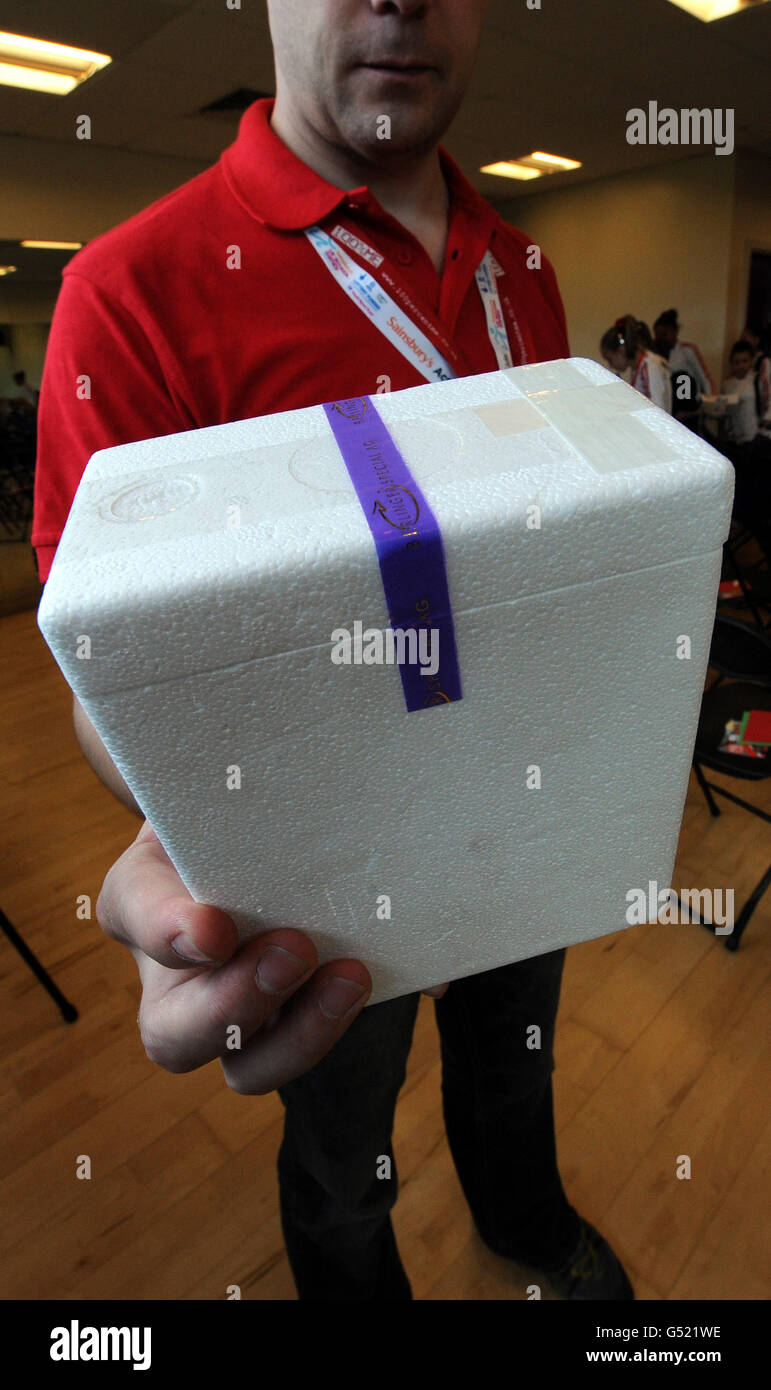 Sealed containers containing the A and B samples from drug tested athletes wait to be used and then sent to the Laboratory for analysis during a photo session at a facility in Sheffield. Stock Photo