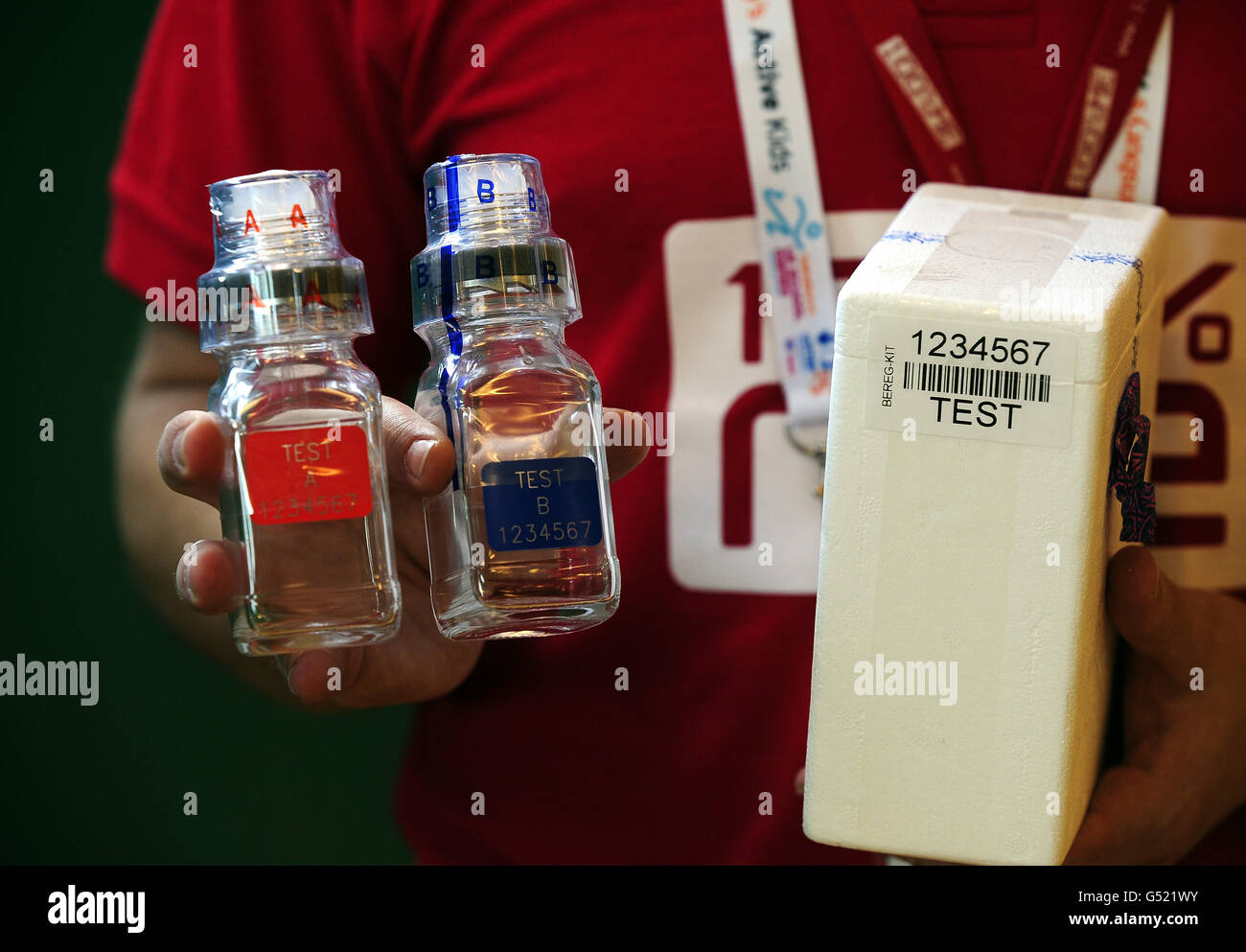 Sealed containers containing the A and B samples from drug tested athletes wait to be used and then sent to the Laboratory for analysis during a photo session at a facility in Sheffield. Stock Photo