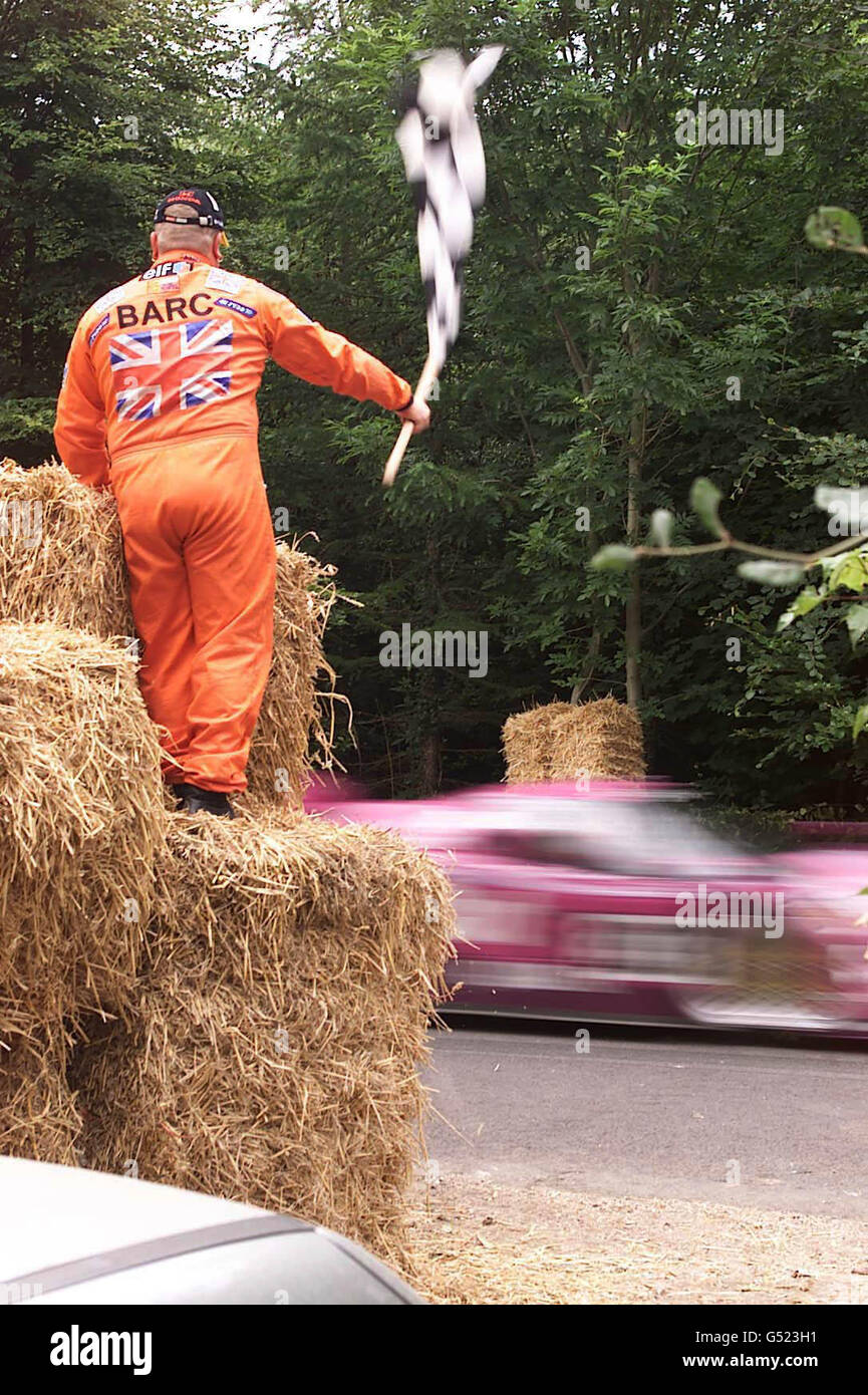 A track marshal by the finishing line at the Goodwood Festival of Speed in Sussex, where John Dawson-Damer crashed his 1969 Lotus Formula 1 car killing himself and a marshal. * It is believed he lost control on the grass verge and struck a temporary gantry which has been removed. Mr Dawson-Damer's brother, The Earl of Portarlington today paid tribute to his brother. Stock Photo