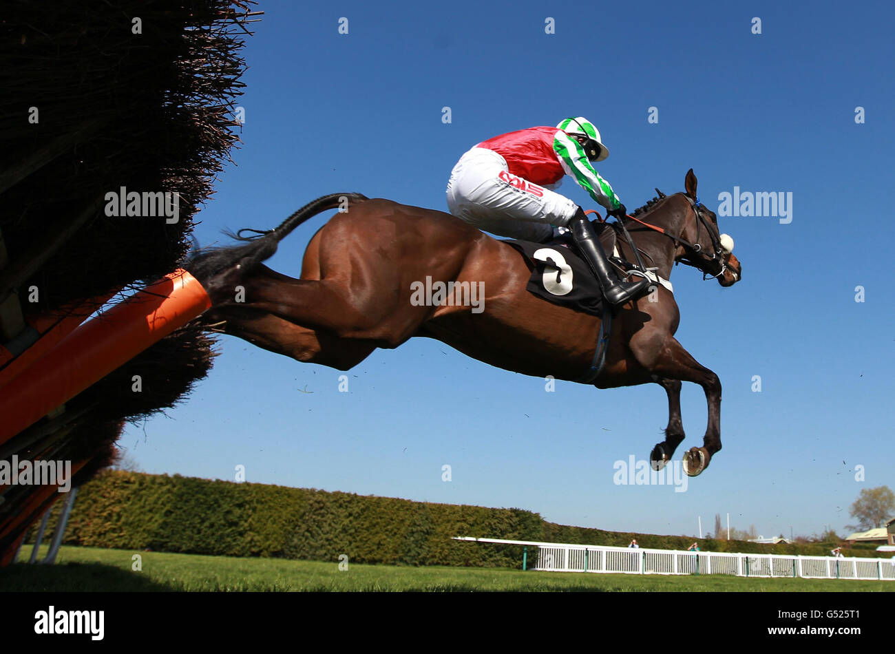 Constant Contact ridden by Jason Maguire on their way to victory in Bhest Racing To School Novices Hurdle at Hereford Racecourse. Stock Photo