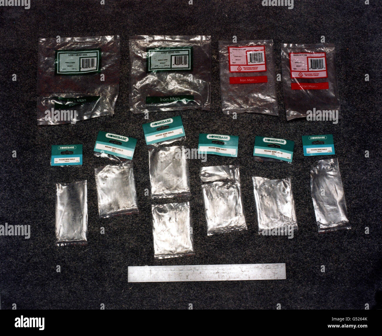 Metropolitan police issued picture showing nail bags found in David Copeland's bedroom. At the end of a 4 week trial at the Old Bailey, Copeland, an engineer from Farnborough, was found guilty of causing explosions at Brixton, Brick Lane and Soho in April 1999. * injuring 129, was found guilty of the murders of Andrea Dykes, John Light and Nik Moore. Stock Photo