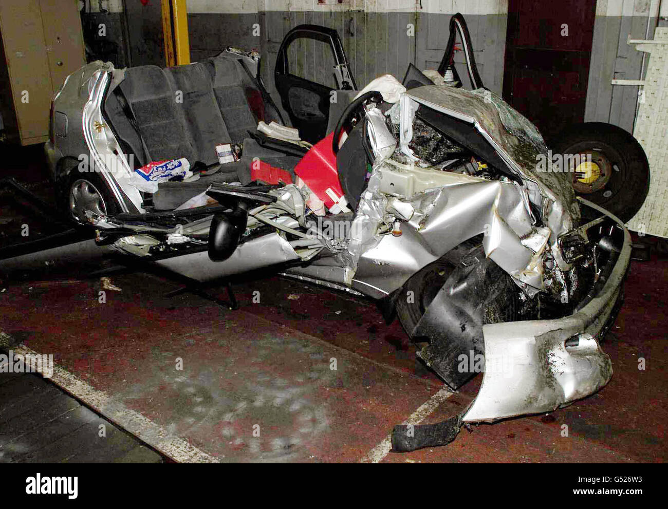 The battered Daewoo, which was involved in a fatal crash with a Toyota Landcruiser on the A57 past the Todwick crossroads near Sheffield, South Yorks last night. Six people were killed and six injured in the head-on collision between the two cars. * 26/2/201: The driver involved the death crash which claimed the lives of six people, including three members of the same family, had drunk 14 pints on a motorised pub crawl, a court heard Monday february 26, 2001. Peter Noble, 39, had downed 12 pints of lager, a pint of mixed beer and cider and two bottles of alcopops at seven different pubs Stock Photo