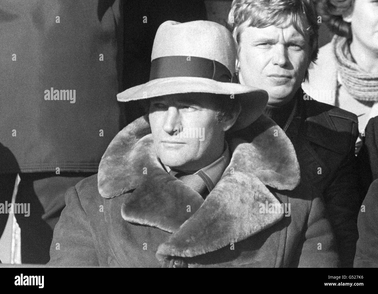 Crystal Palace manager Malcolm Allison, wearing a large brim hat, watches the game at Scarborough, which Palace won 2-1. Stock Photo