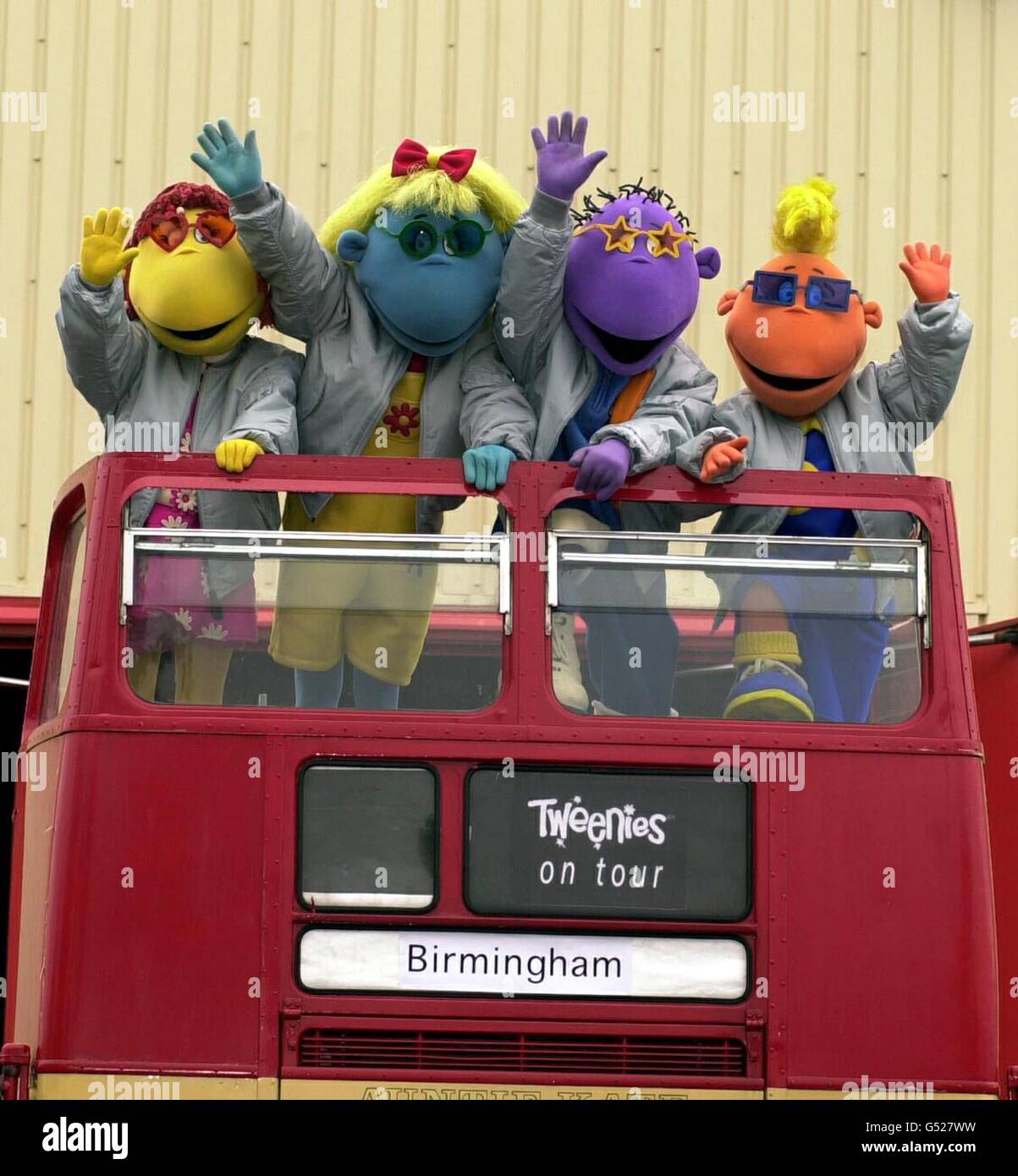 Children's TV favourites the Tweenies (L-R) Bella, Fizz, Milo and Jake, on a bus in London, to launch their Tweenies Live tour starting at the National Indoor Arena in Birmingham on 26/12/2000. Stock Photo