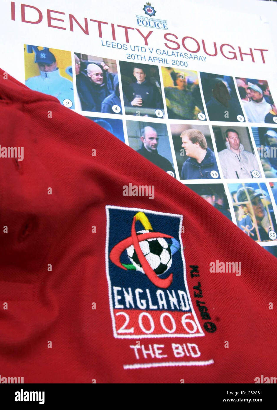 The England bid for the 2006 World Cup in Football was rejected, on the same day that West Yorkshire Police released a poster of men they would like to identify after trouble at the Leeds United v Galatasaray match UEFA Cup match at Elland Road in April 2000. * Members of England's bidding team today blamed football violence for damaging their chances. Stock Photo
