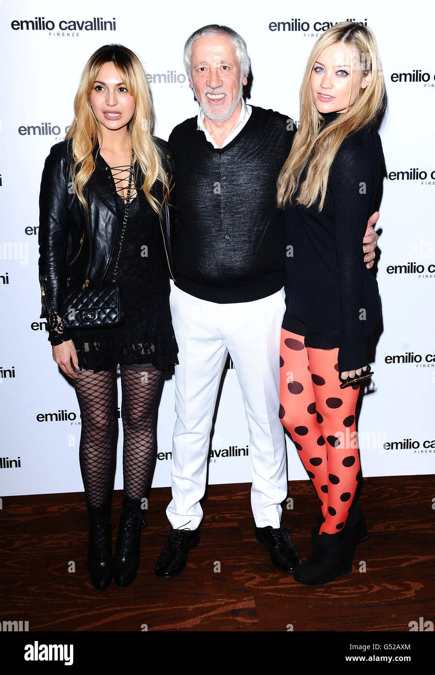 Zara Martin, Emilio Cavallini and Laura Whitmore arrive at the launch of 'Risque Business' for hosiery label Emilio Cavallini at Sketch in London. Stock Photo