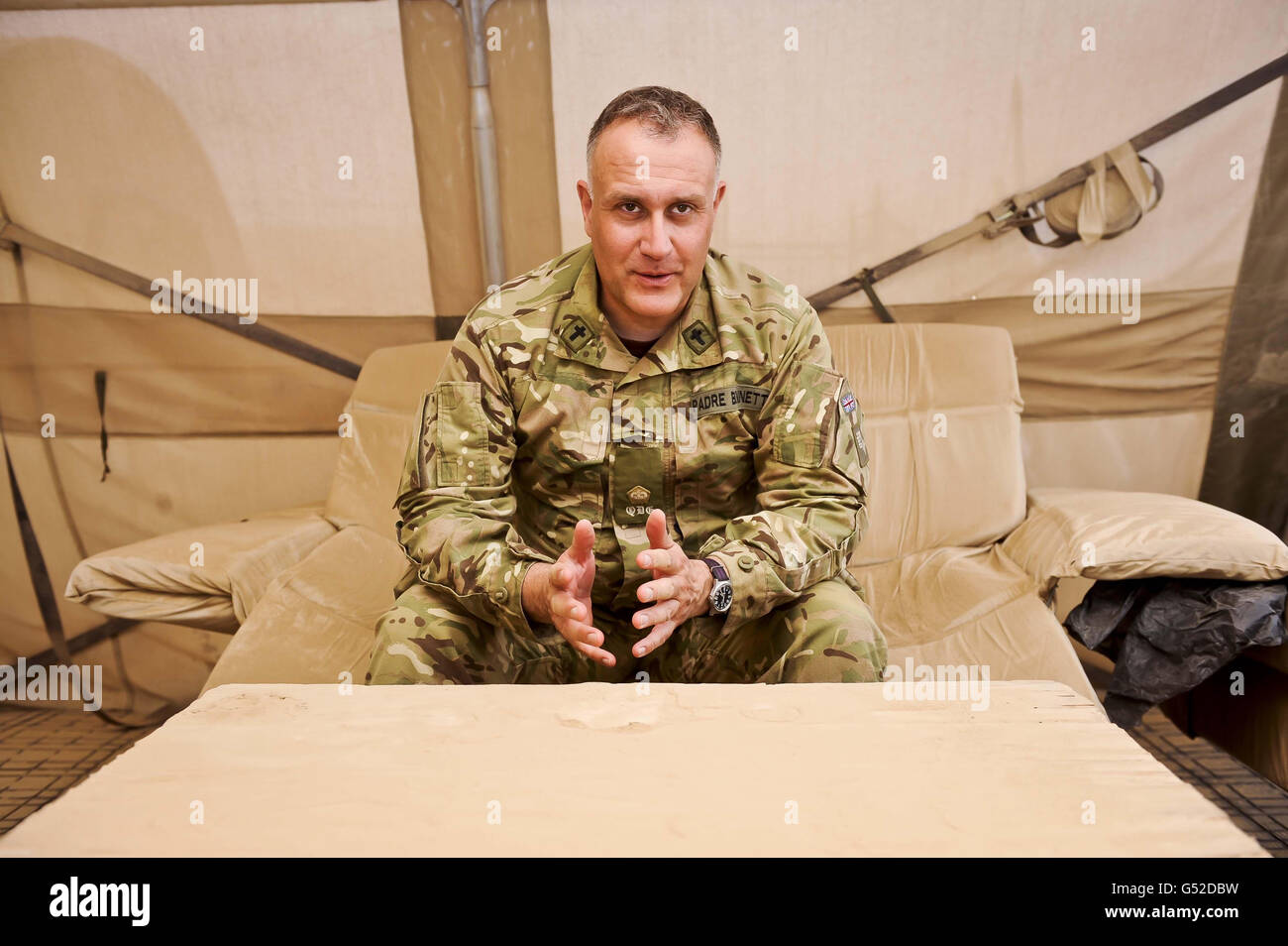 Padre Alex Bennett, of the 1st Queen's Dragoon Guards, at Camp Bastion in Afghanistan's Helmand province, who is on his third tour of Afghanistan, having previously spent two spells in Sangin, the scene of some of the fiercest fighting in the war. Stock Photo